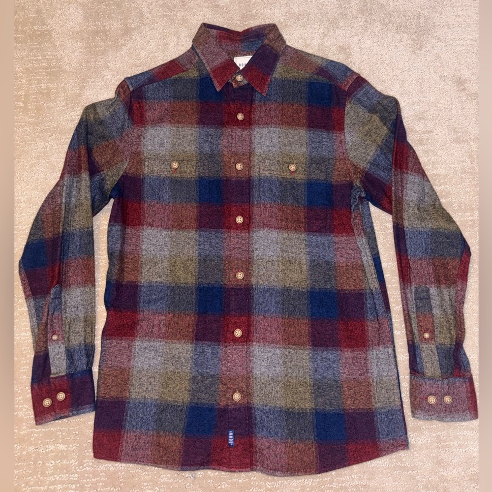 ROWM Men’s Small Plaid Flannel Button-Up Shirt - Red, Blue, Brown & Gray